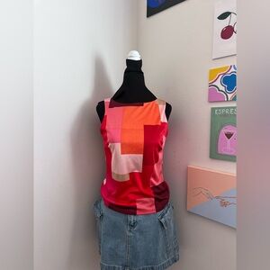 Y2K Red & Pink Geometric Print Satin Top